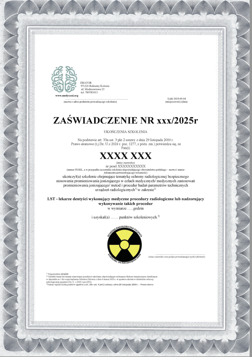 certyfikat ochrona radiologiczna pacjenta
